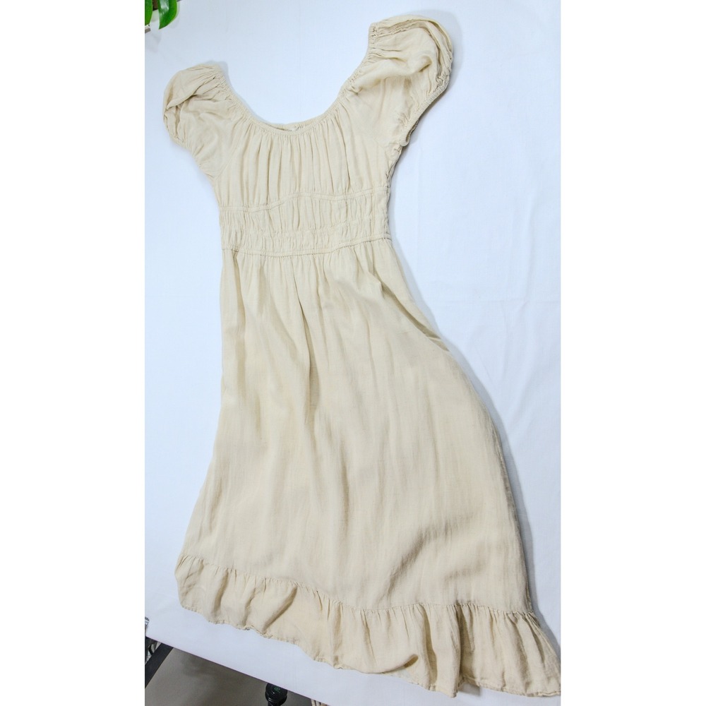 Sim & Sam Cream Linen Blend Smocked Puff Sleeve Ruffle Midi Dress Womens Small